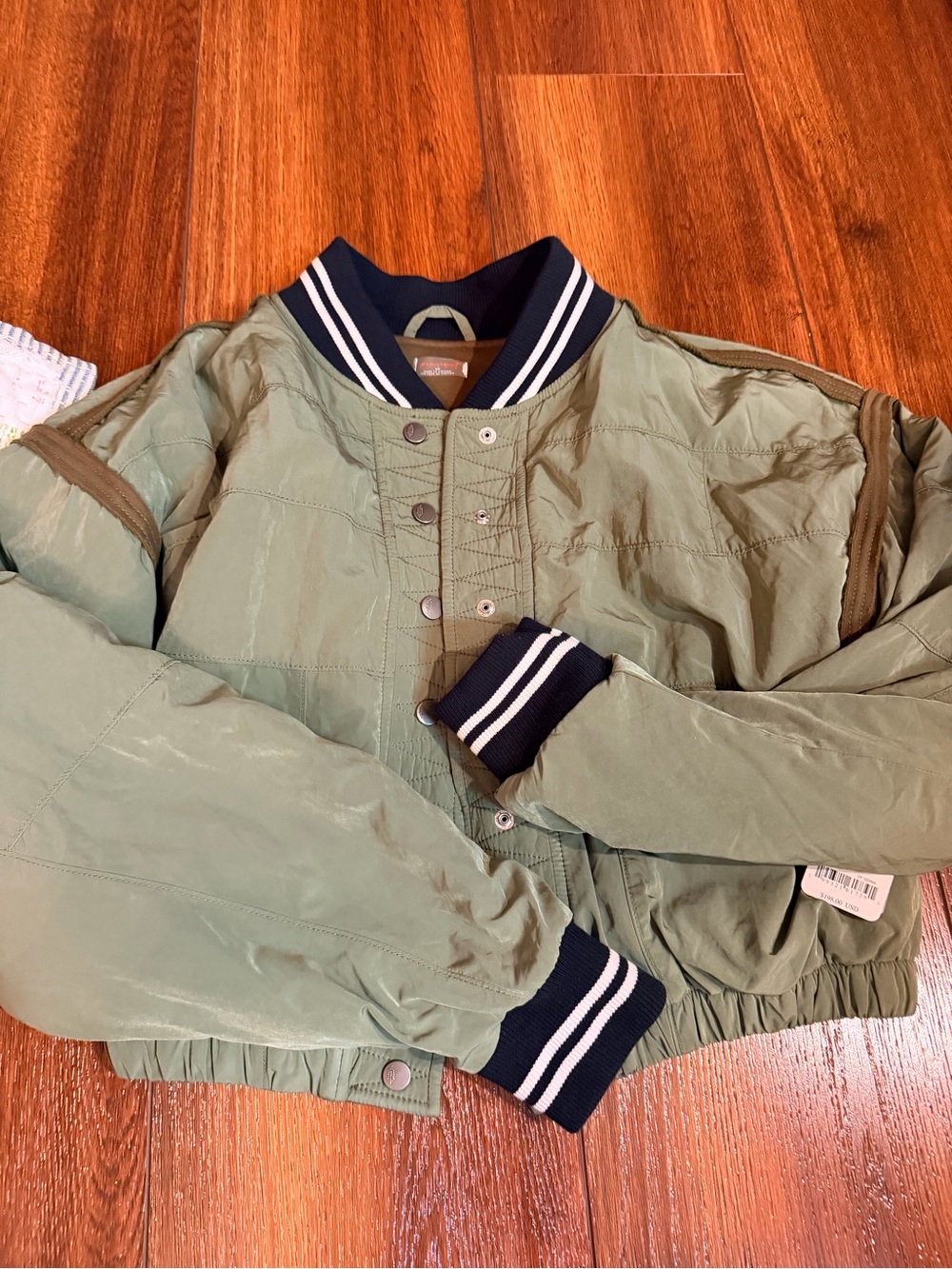 FP Movement by Free People Olive Quilted Bomber with black & White Stripe Trim